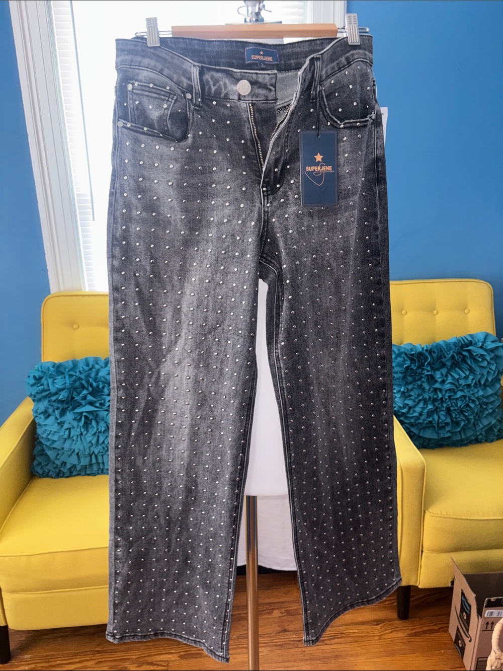 SUPERFINE Black Washed Wide-Leg Jeans with White Stitch Dots